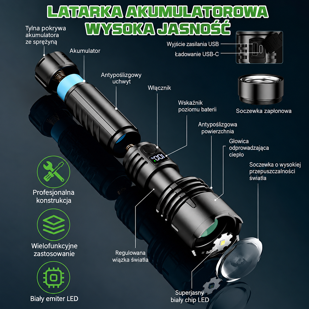 Billhol® 💥 Superjasna taktyczna latarka survivalowa Ultimate · Ponad 2 mln sprzedanych sztuk · 80× jaśniejsza · Do 120 godz. pracy · Wojskowa technologia LED COB 🔦