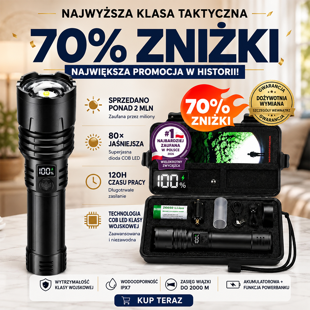 Billhol® 💥 Superjasna taktyczna latarka survivalowa Ultimate · Ponad 2 mln sprzedanych sztuk · 80× jaśniejsza · Do 120 godz. pracy · Wojskowa technologia LED COB 🔦