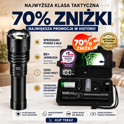 Billhol® 💥 Superjasna taktyczna latarka survivalowa Ultimate · Ponad 2 mln sprzedanych sztuk · 80× jaśniejsza · Do 120 godz. pracy · Wojskowa technologia LED COB 🔦
