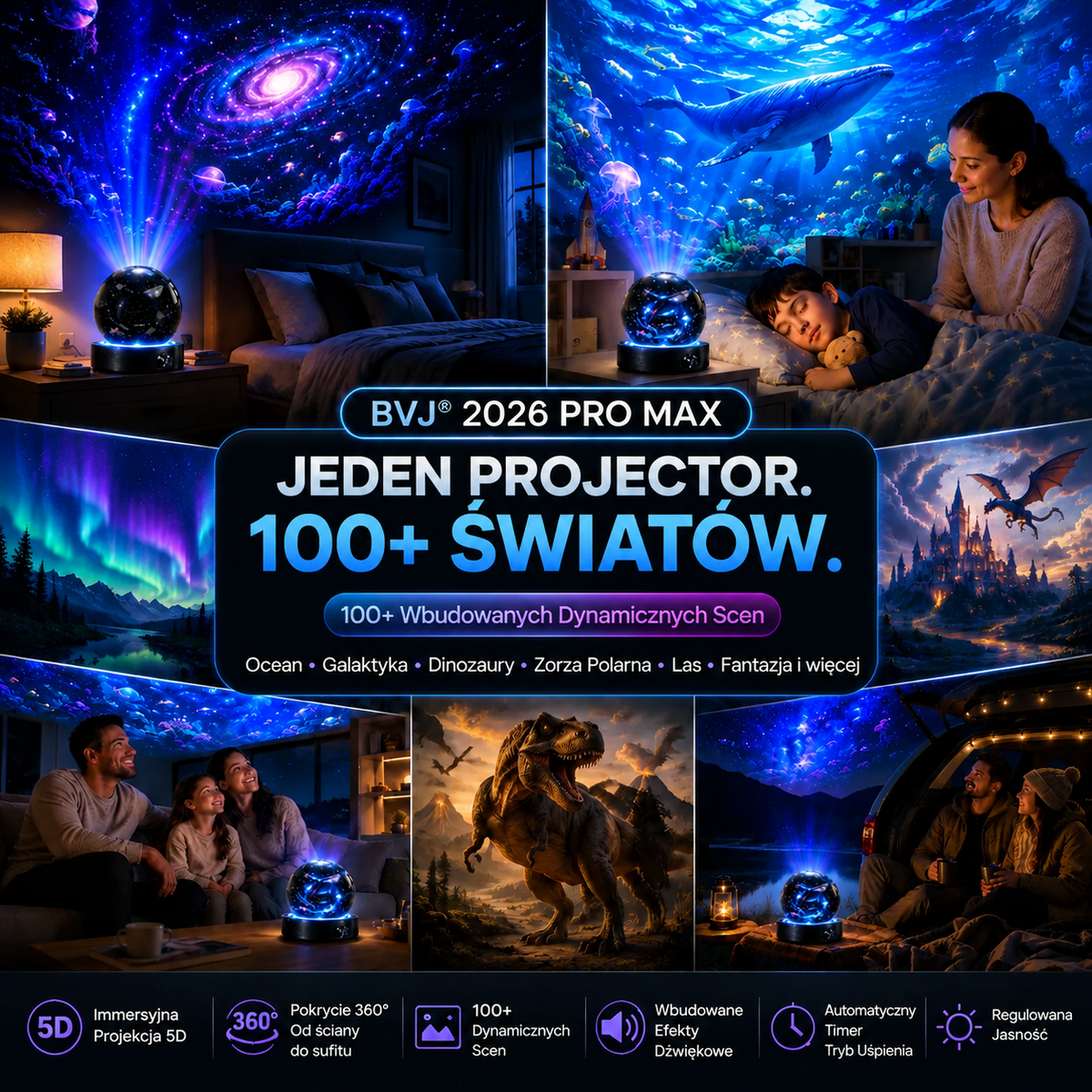 BVJ® 2026 PRO MAX 5D inteligentny projektor światła 🌎 Stwórz ponad 100 wciągających światów z kontrolą Bluetooth i efektami dźwiękowymi