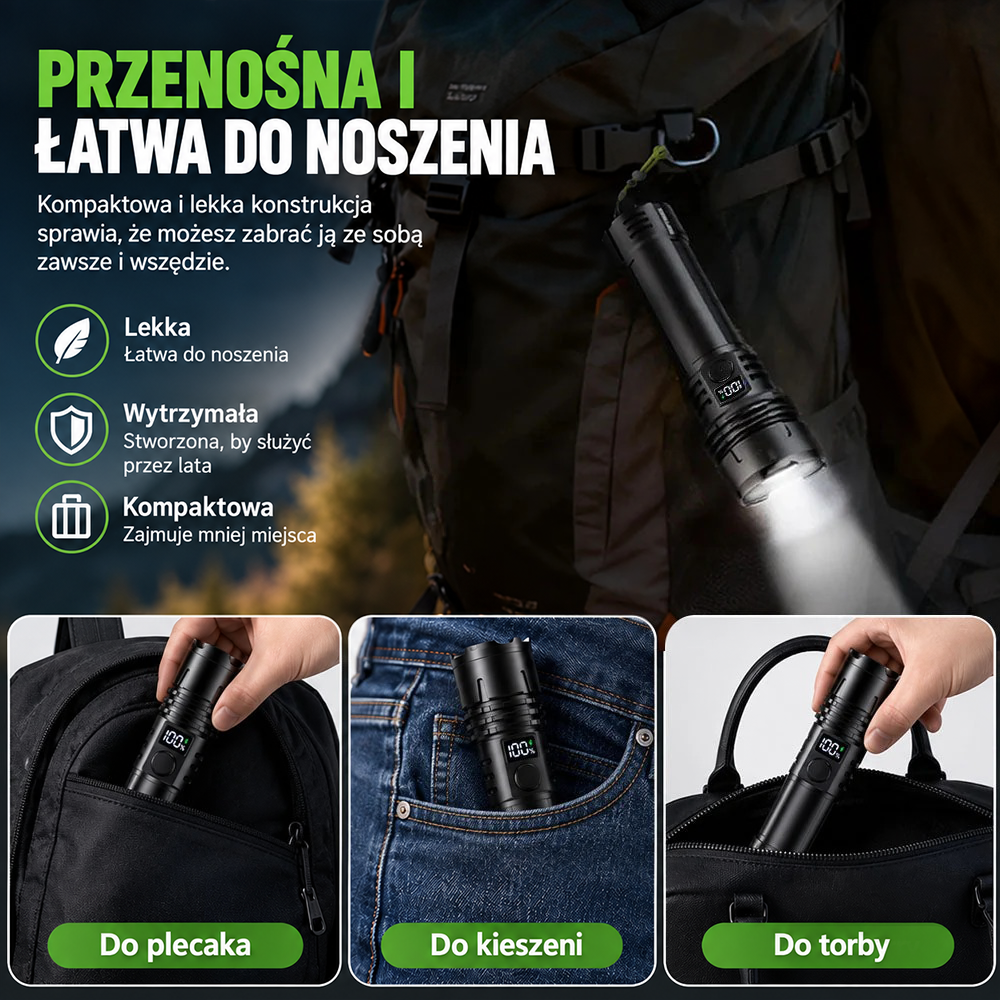 Billhol® 💥 Superjasna taktyczna latarka survivalowa Ultimate · Ponad 2 mln sprzedanych sztuk · 80× jaśniejsza · Do 120 godz. pracy · Wojskowa technologia LED COB 🔦
