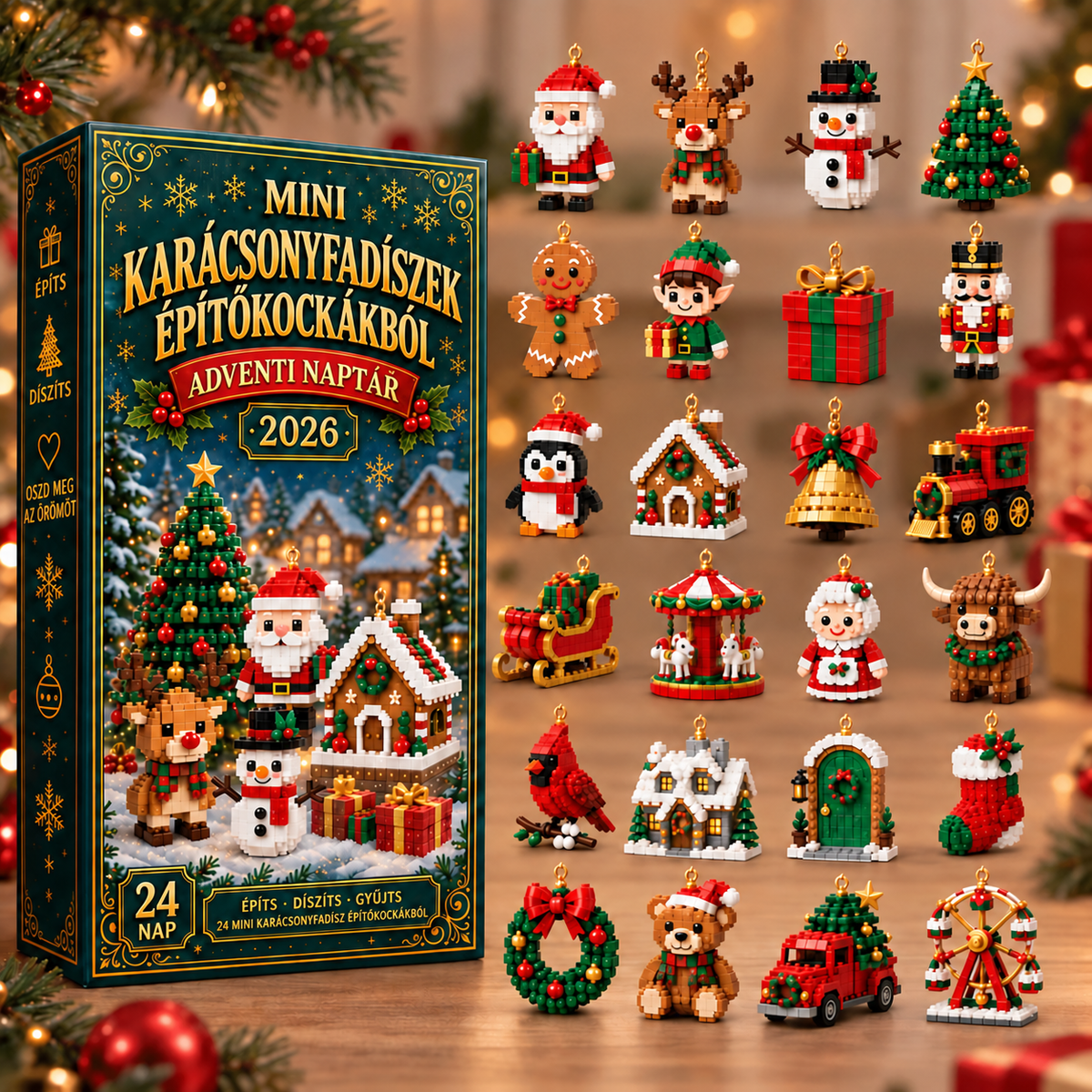 Kalendarz adwentowy z 24 mini ozdobami choinkowymi z klocków